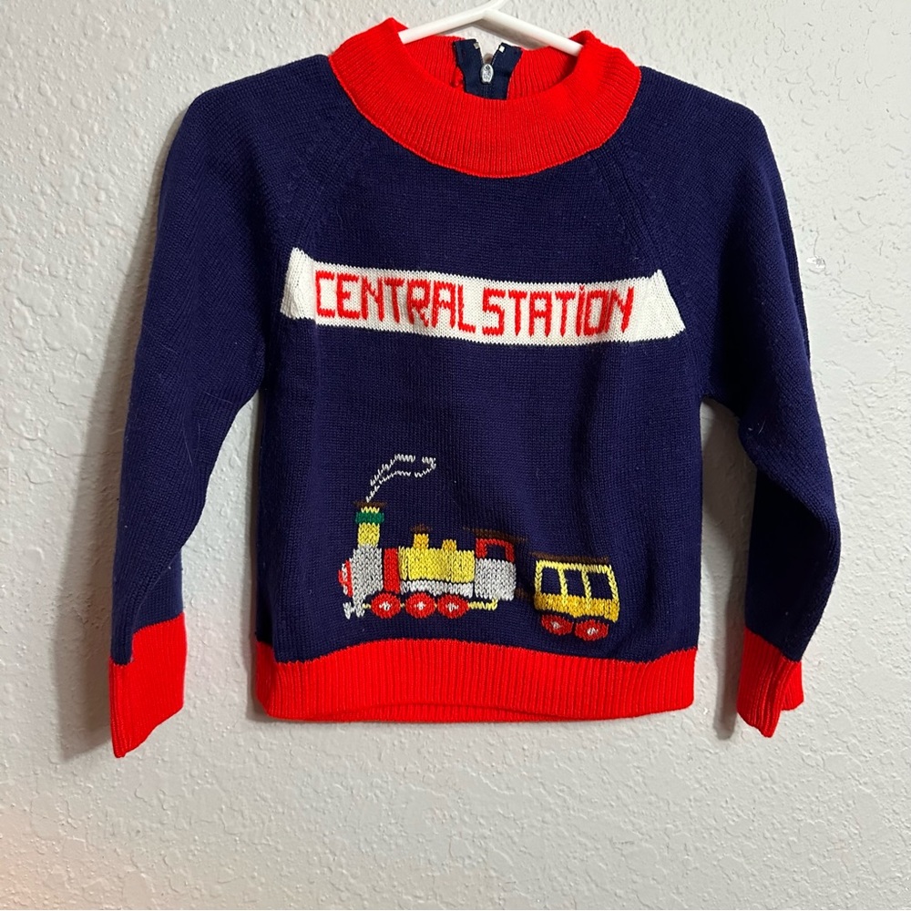 Vintage Retro Knit Train Central Station Sweater, 18-24 months, EUC, Blue & Red